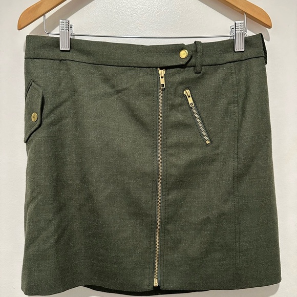 J.Crew Army Green Wool Motorcycle Mini Skirt 03339 front zip Skirt Gold Accent 4 - Picture 1 of 11